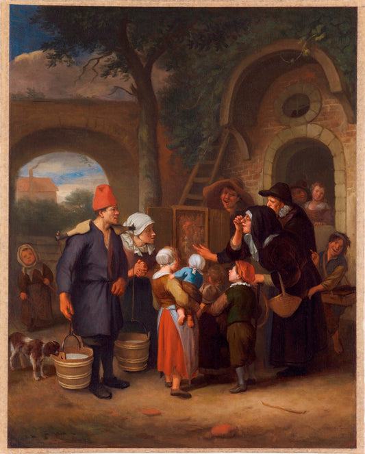 Demonstration of Wax Figures (The Wax Figure Seller; The Goggle Box), vintage artwork by Follower of Jan Havicksz. Steen, 12x8" (A4) Poster