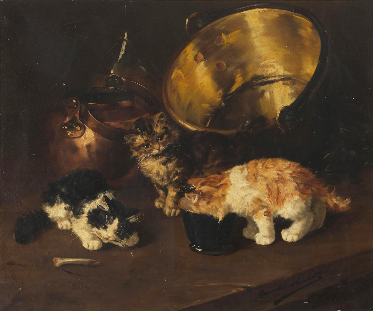kittens in a kitchen, vintage artwork by Alfred Brunel de Neuville, 12x8" (A4) Poster