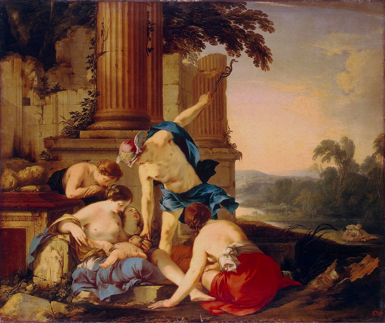 Mercury Takes Bacchus to be Brought up by  Nymphs, vintage artwork by Laurent de La Hyre, 12x8" (A4) Poster