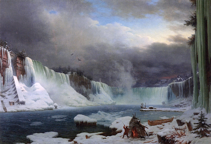The Niagara Falls in Winter, vintage artwork by Hyppolite Sebron, A3 (16x12