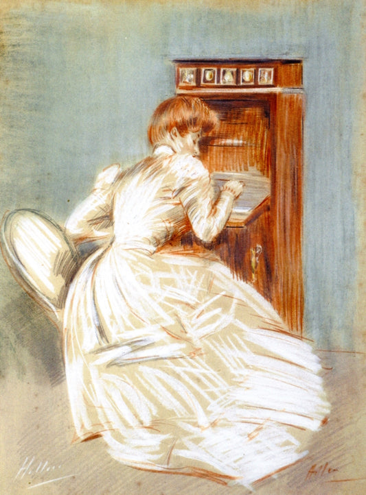 Madame Paul Helleu at Her Secretaire, vintage artwork by Paul Cesar Helleu, 12x8" (A4) Poster