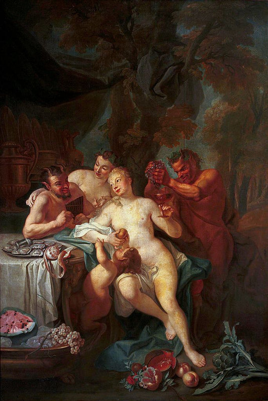 Feast of nymphs and satyrs, vintage artwork by Louis de Silvestre, 12x8" (A4) Poster