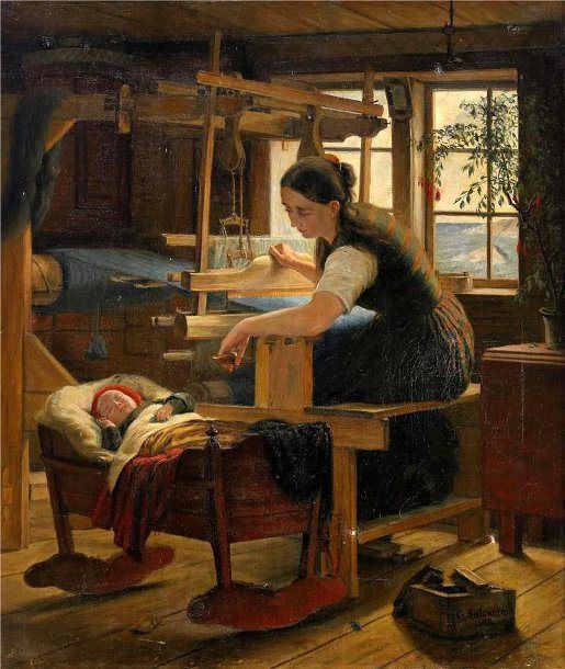 Cottage Interior With Woman At The Cradle, vintage artwork by Geskel Saloman, A3 (16x12") Poster Print