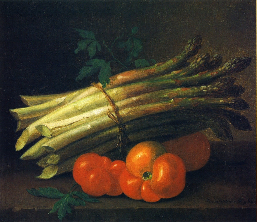 Still Life with Asparagus and Tomatoes, vintage artwork by Paul Lacroix, 12x8" (A4) Poster