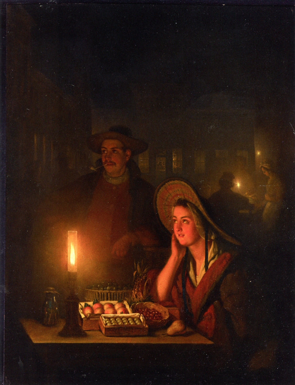 Fruit Sellers by  the Light of a Paraffin Lamp, vintage artwork by Petrus van Schendel, A3 (16x12") Poster Print