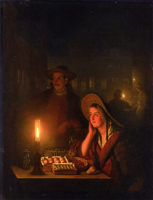Fruit Sellers by  the Light of a Paraffin Lamp, vintage artwork by Petrus van Schendel, A3 (16x12") Poster Print
