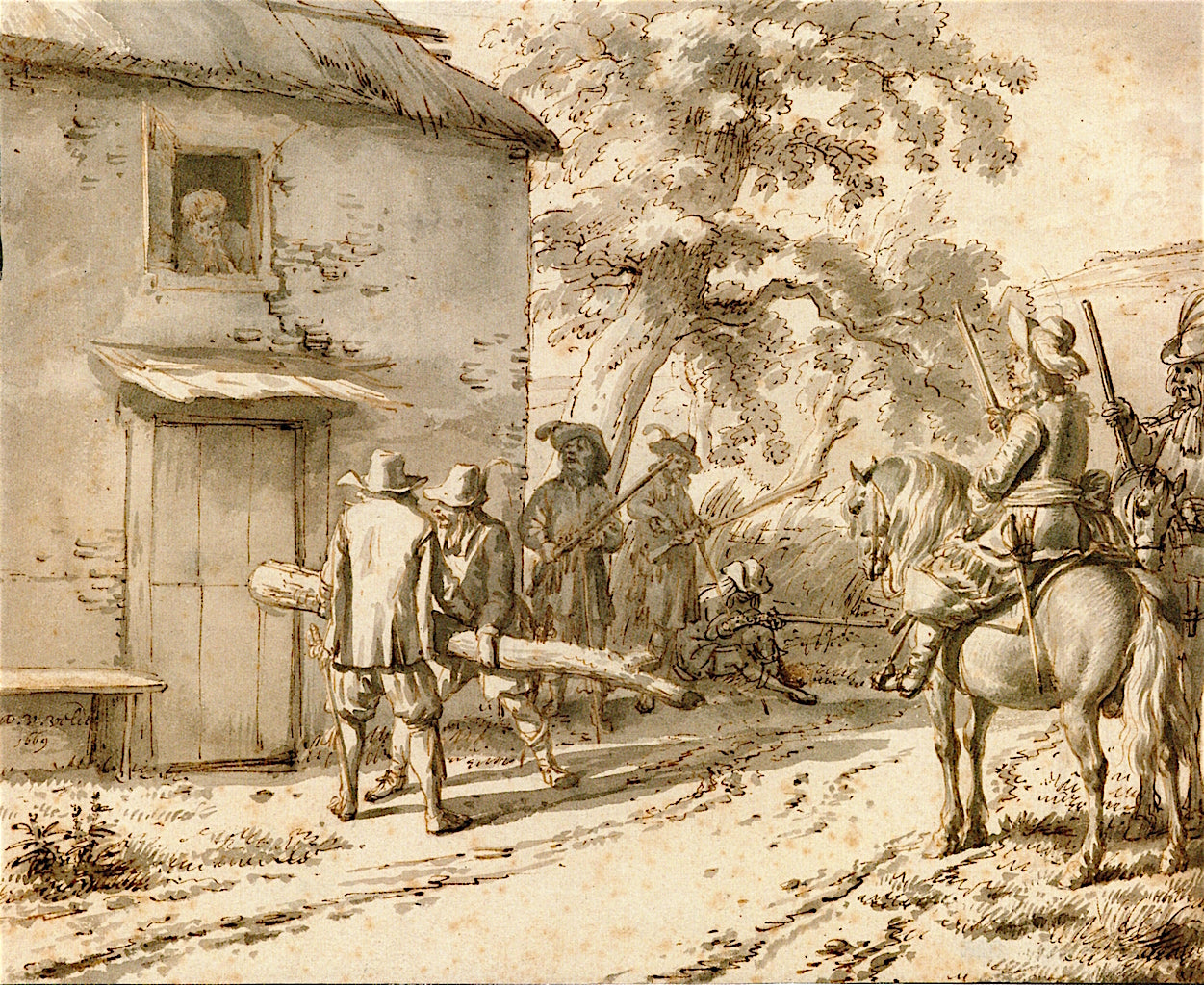 Plundering Soldiers at a Peasant's Dwelling, vintage artwork by Adriaen van de Velde, 12x8" (A4) Poster