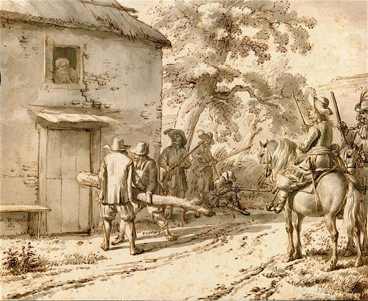 Plundering Soldiers at a Peasant's Dwelling, vintage artwork by Adriaen van de Velde, 12x8" (A4) Poster