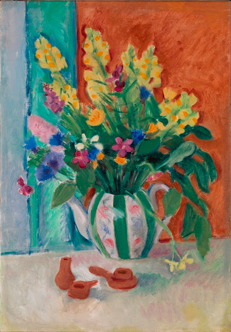 Still Life with Wildflowers in a Teapot and Clay Toys, vintage artwork by Nikolai Tyrsa, 12x8" (A4) Poster
