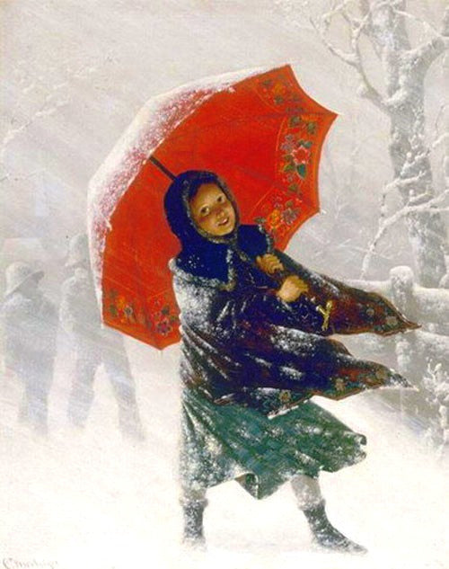 Girl in the Snow, vintage artwork by Carl Kronberger, 12x8" (A4) Poster
