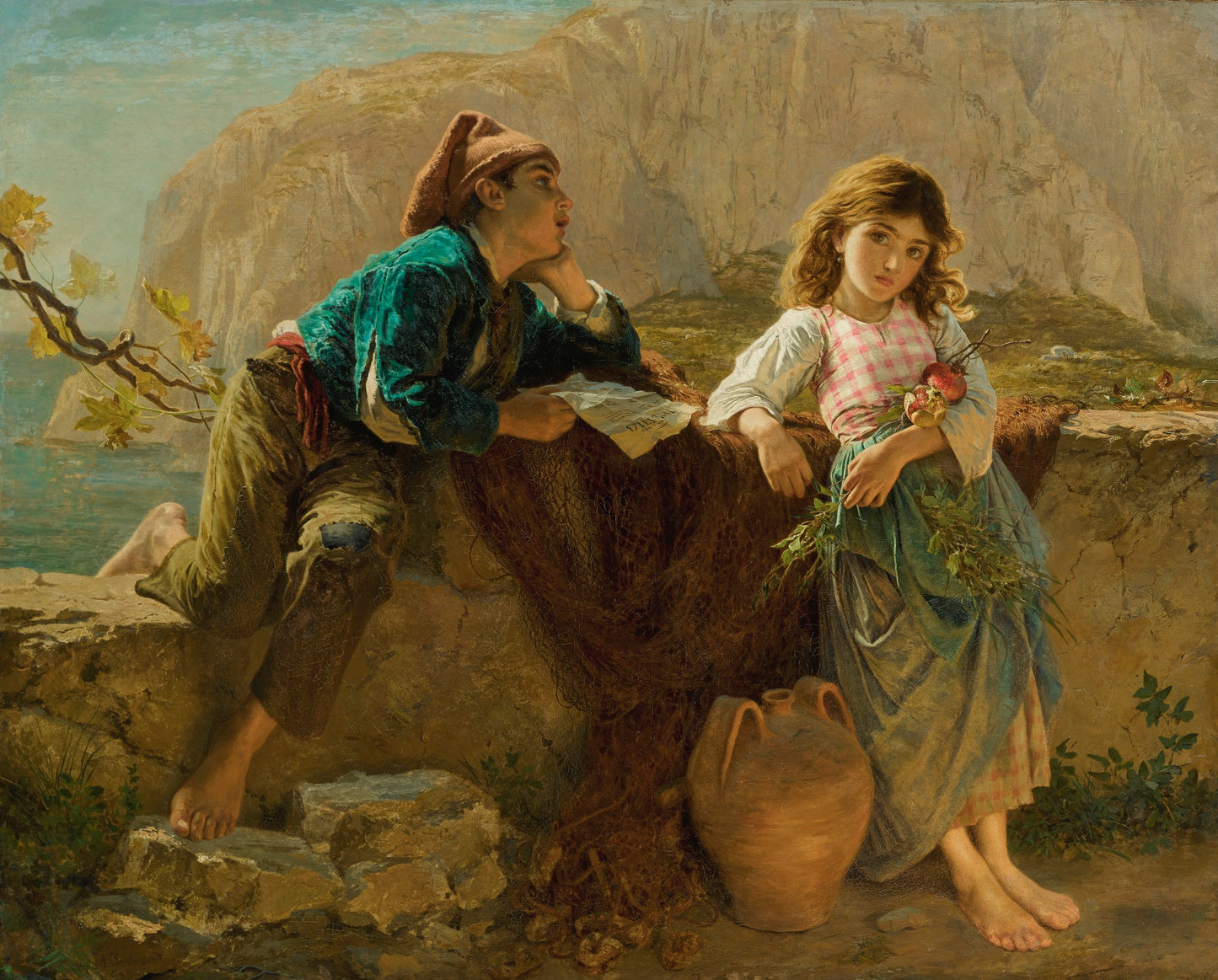 Fishermen's Children, Capri, vintage artwork by Sophie Gengembre Anderson, 12x8" (A4) Poster