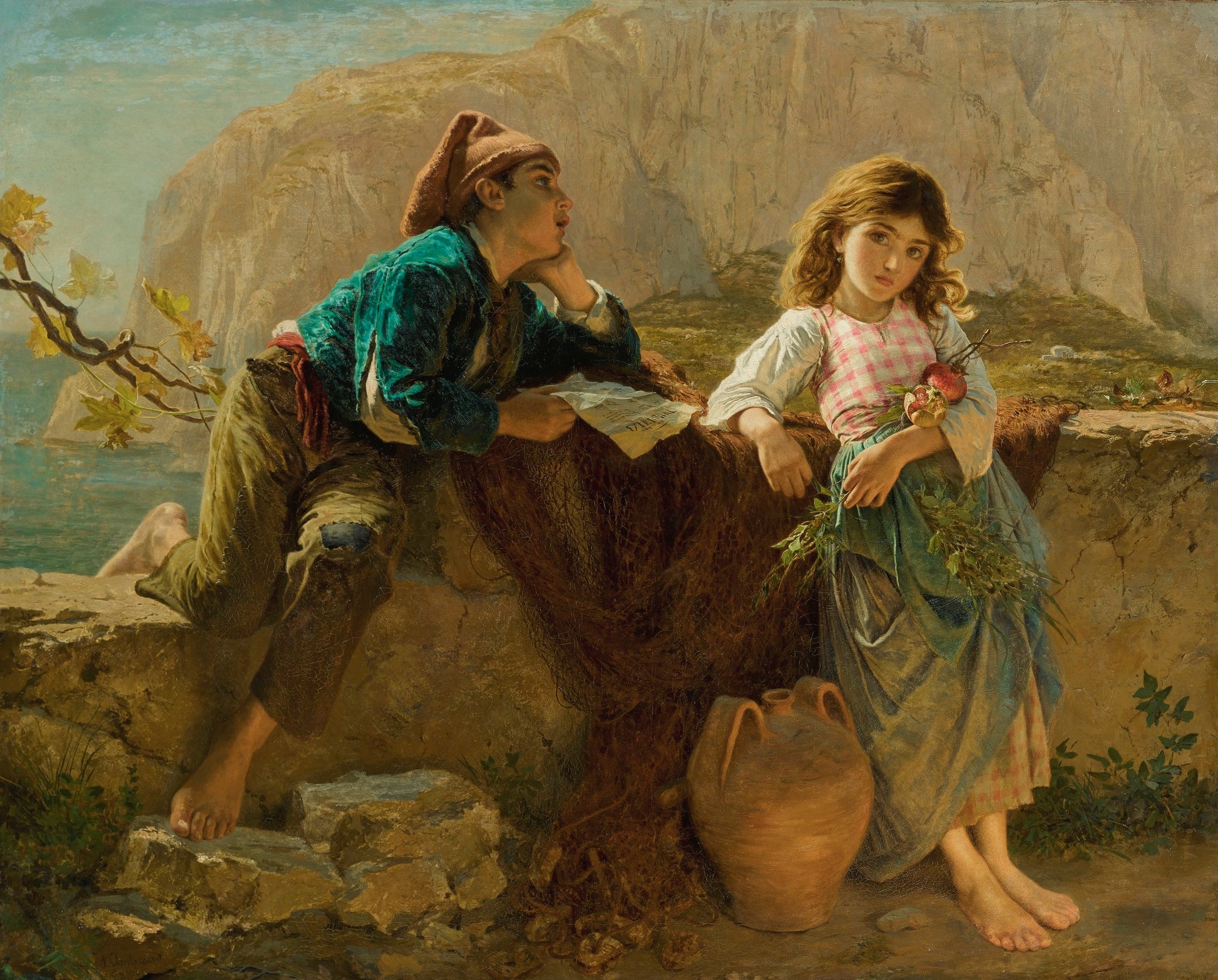 Fishermen's Children, Capri, vintage artwork by Sophie Gengembre Anderson, 12x8" (A4) Poster