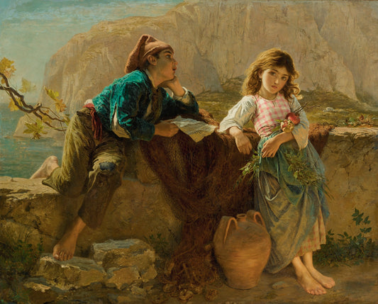 Fishermen's Children, Capri, vintage artwork by Sophie Gengembre Anderson, 12x8" (A4) Poster