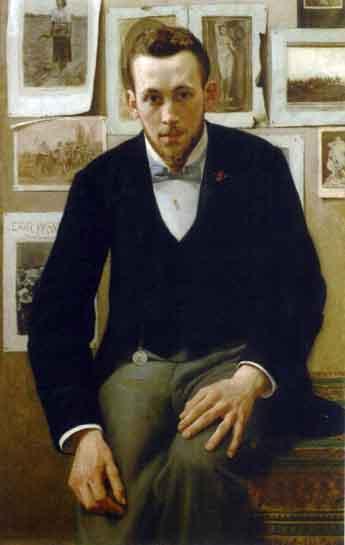 Man Sitting in Front of a Wall Decorated with Prints and Drawings, vintage artwork by Joseph Leempoels, 12x8" (A4) Poster