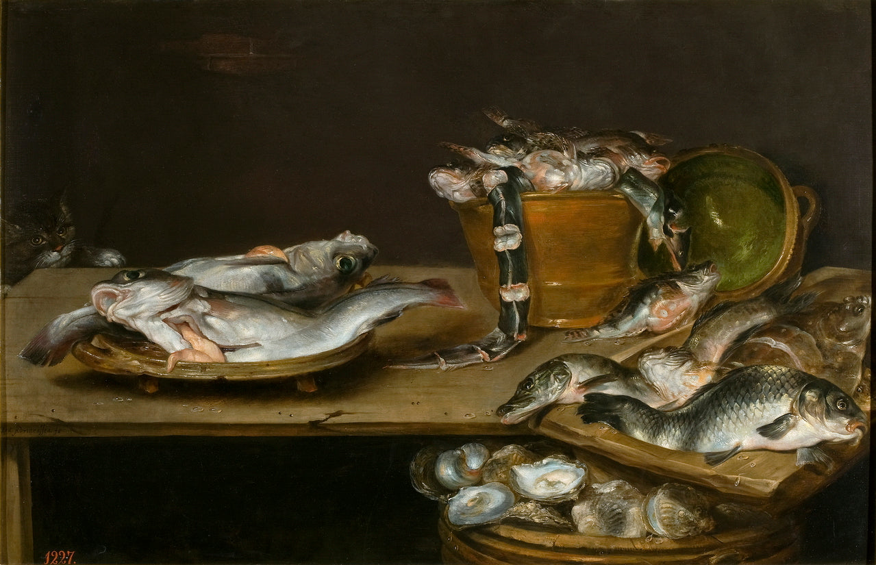 Still Life with Fish, Oysters and Cat, vintage artwork by Alexander Adriaenssen, 12x8" (A4) Poster
