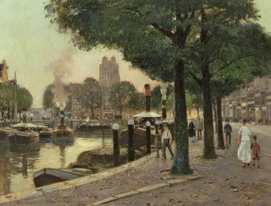 Canal in Amsterdam, vintage artwork by Heinrich Hermanns, 12x8" (A4) Poster