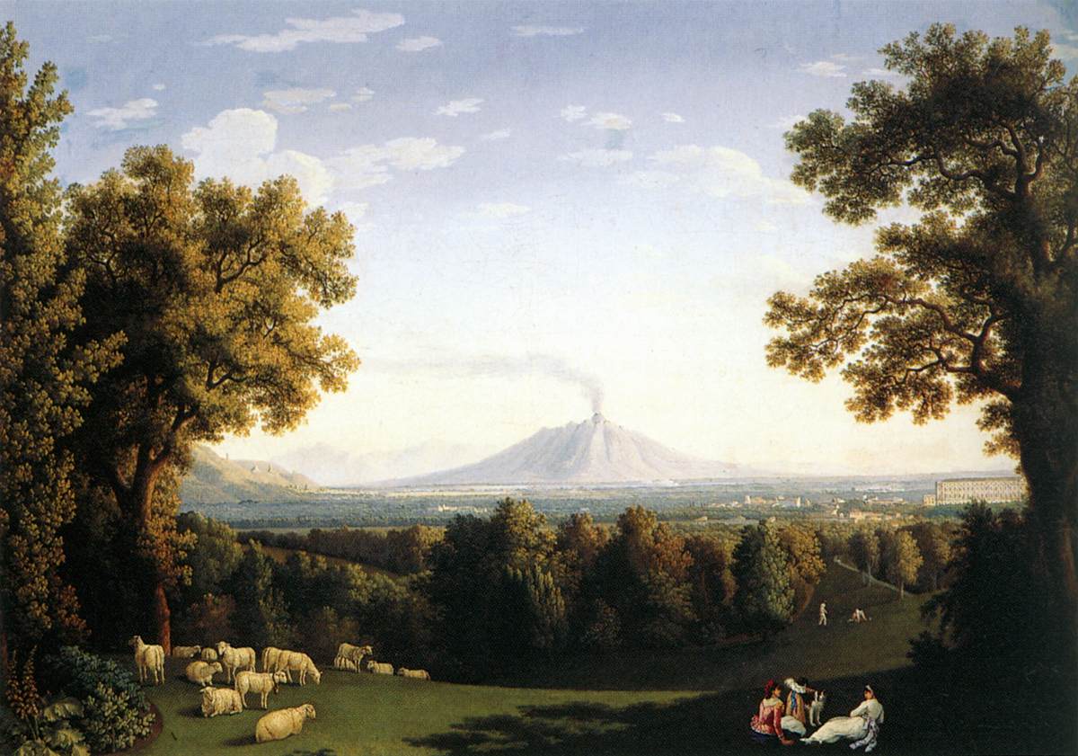 Landscape with the Palace of Caserta and Vesuvius, vintage artwork by Jakob Philipp Hackert, 12x8" (A4) Poster