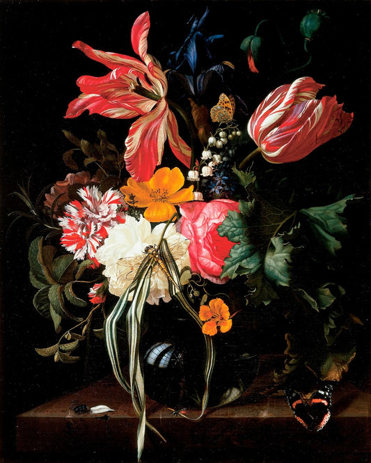 Vase of Tulips, Rose and Other Flowers with Insects, vintage artwork by Maria van Oosterwijck, 12x8" (A4) Poster