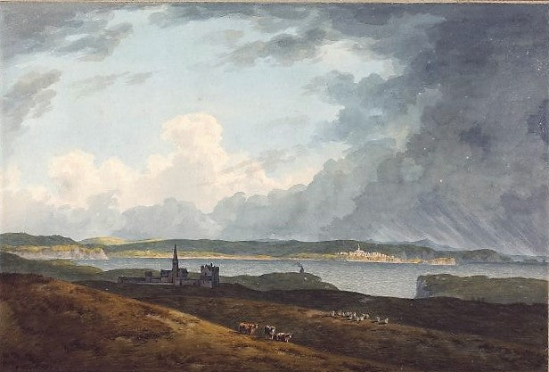 View from above Priory Bay, Caldey Island looking N E towards Tenby , vintage artwork by John Warwick Smith, 12x8" (A4) Poster