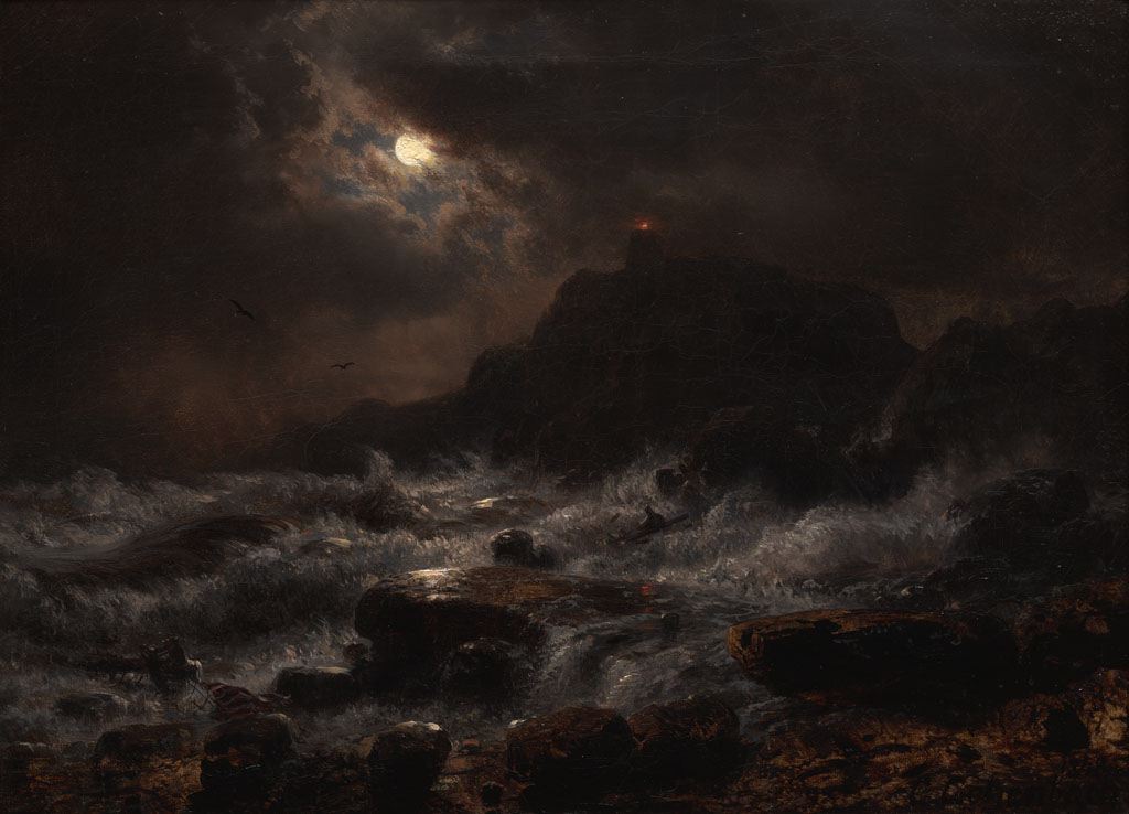 Norwegian Coast by  Moonlight, vintage artwork by Andreas Achenbach, A3 (16x12") Poster Print