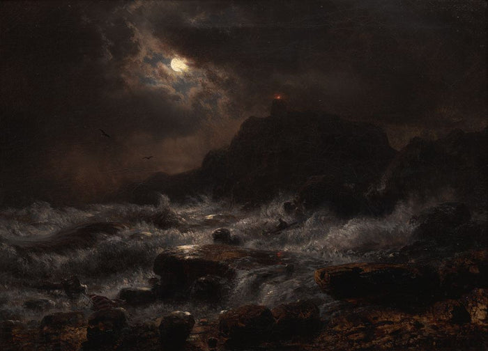Norwegian Coast by  Moonlight, vintage artwork by Andreas Achenbach, A3 (16x12