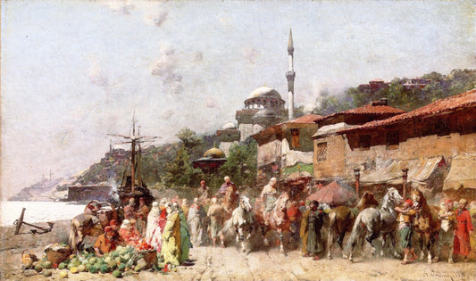 A Market on the Bosphorus, vintage artwork by Alberto Pasini, 12x8" (A4) Poster