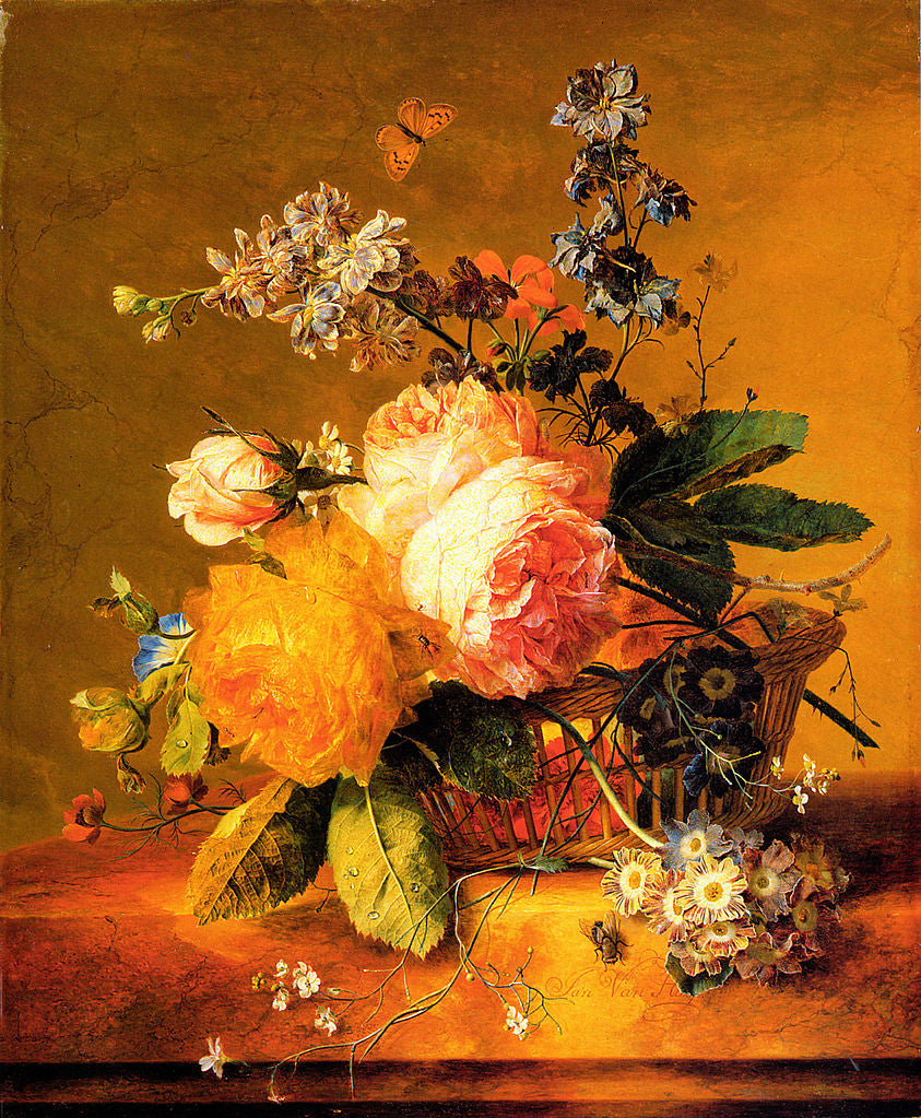 Flowers in a Basket on a Marble Ledge, vintage artwork by Jan van Huysum, 12x8" (A4) Poster