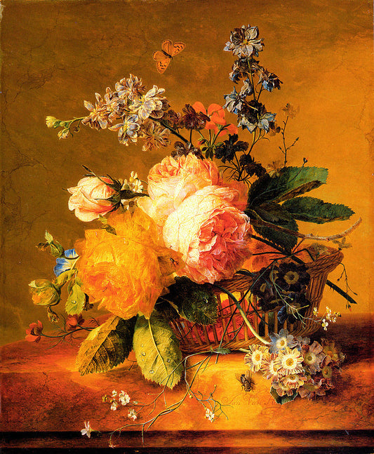 Flowers in a Basket on a Marble Ledge, vintage artwork by Jan van Huysum, 12x8" (A4) Poster