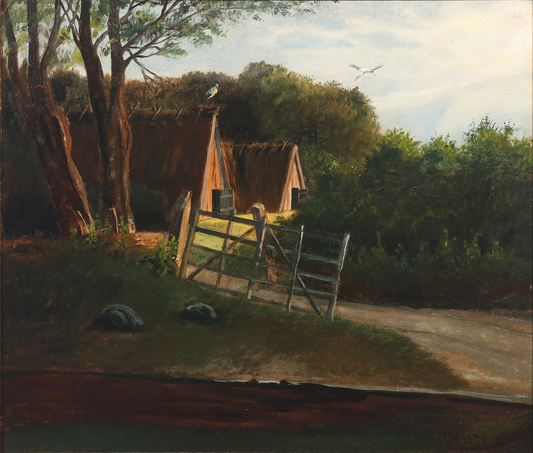 A Farm Landscape with Two Storks, vintage artwork by Carl Otto Haslund, 12x8" (A4) Poster