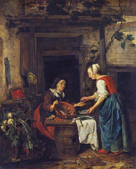 An Old Woman Selling Fish and Vegetables, vintage artwork by Gabriël Metsu, 12x8" (A4) Poster