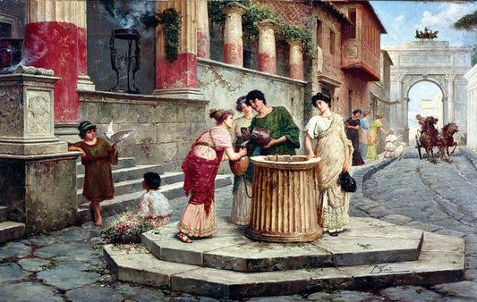 Pompeians gathered at a well, vintage artwork by Edouardo Ettore Forti, 12x8" (A4) Poster