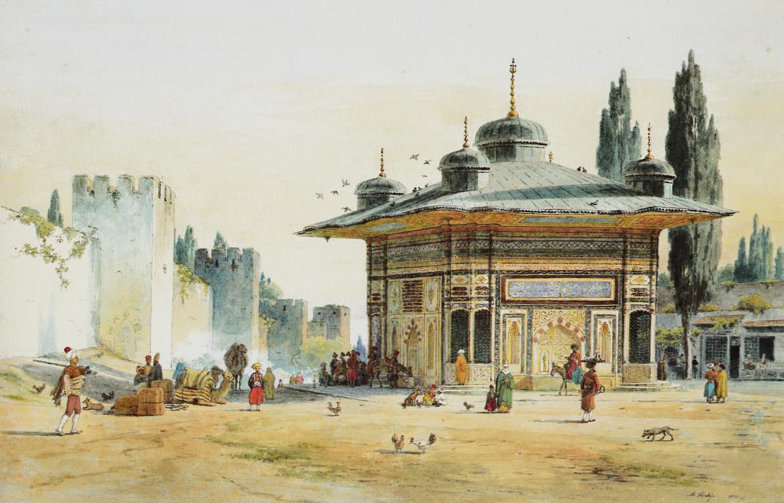 Sultans Ahmet III's Fountain by  the Gate of the Seraglio in Constantinople, vintage artwork by Martinus Rørby e, A3 (16x12") Poster Print