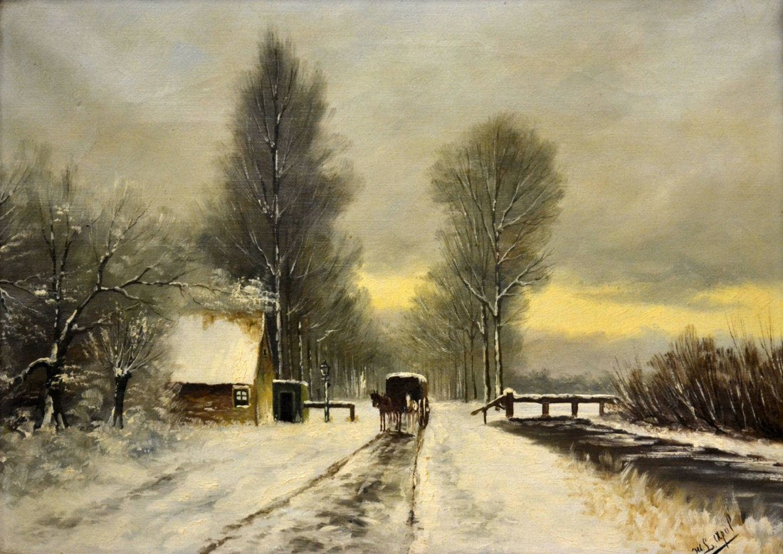 Landscape with Horses Pulling a Wagon, vintage artwork by Louis Apol, 12x8" (A4) Poster