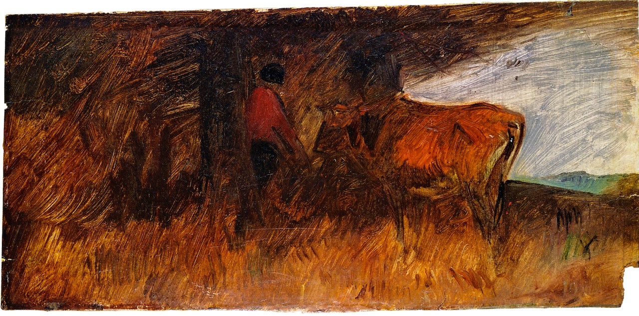 Farmer with Cow, vintage artwork by Wilhelm Busch, 12x8" (A4) Poster