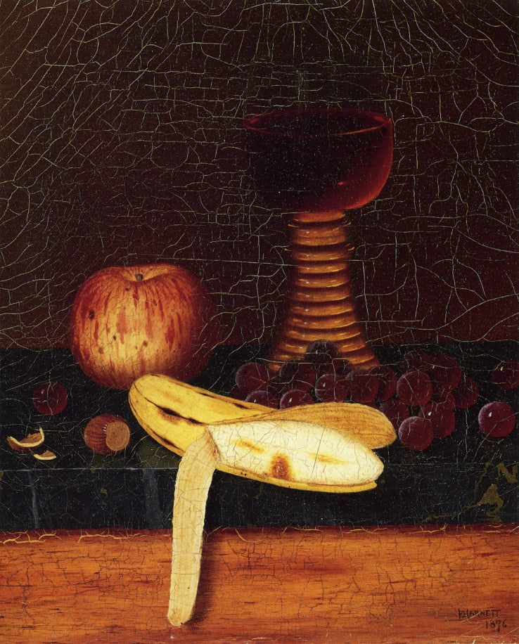 Still Life with Goblet, Fruit and Nuts, vintage artwork by William Michael Harnett, 12x8" (A4) Poster