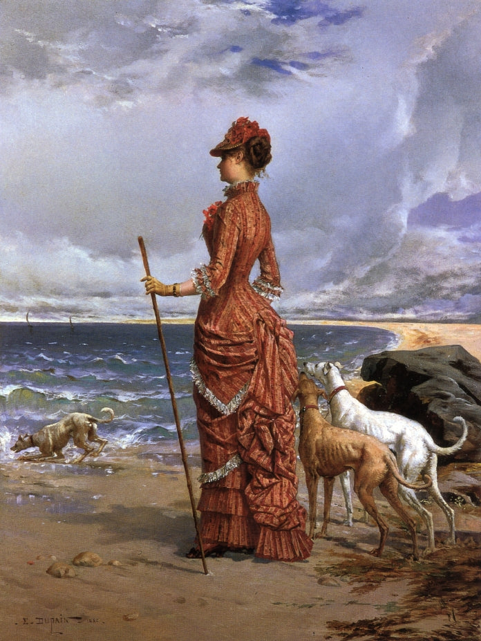 Elegant Lady Walking Her Greyhounds on the Beach, vintage artwork by Edmond-Louis Dupain, 12x8" (A4) Poster