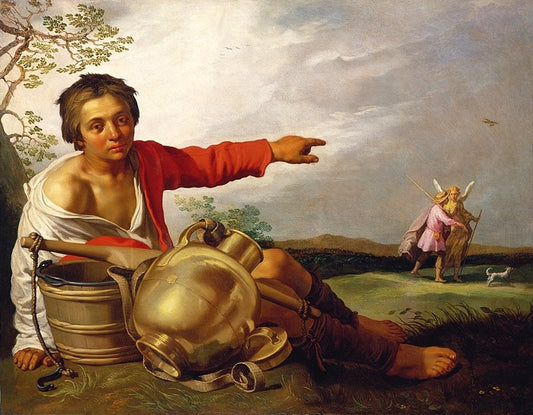 Shepherd Boy Pointing at Tobias and the Angel, vintage artwork by Abraham Bloemaert, 12x8" (A4) Poster