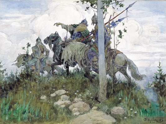 Knights on Horseback, vintage artwork by Viktor Mikhaylovich Vasnetsov, 12x8" (A4) Poster