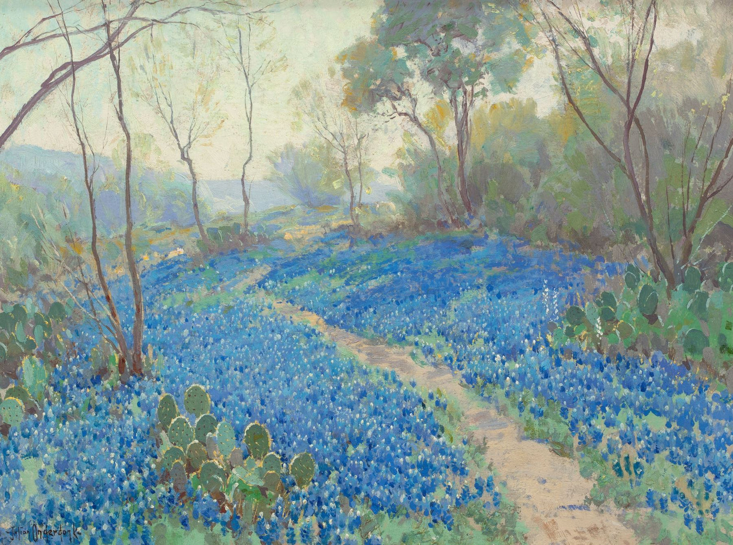 A Hillside of Blue Bonnets- Early Morning, Near San Antonio Texas, vintage artwork by Julian Onderdonk, 12x8" (A4) Poster