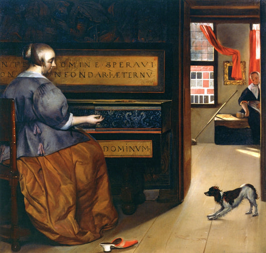 A Woman at the Virginal with a Dog, vintage artwork by Gabriël Metsu, 12x8" (A4) Poster