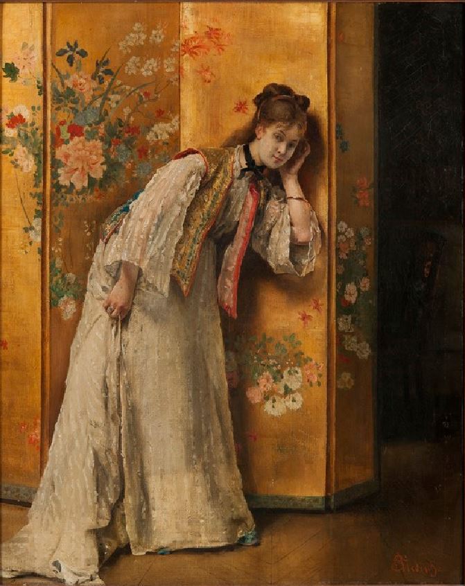 Curious, vintage artwork by Alfred Émile Leopold Stevens, 12x8" (A4) Poster