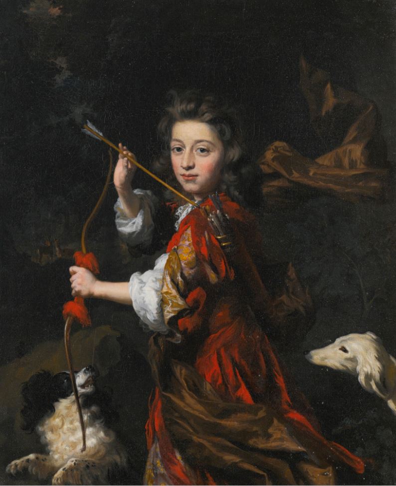 Portrait of a Young Nobleman with Two Dogs, vintage artwork by Nicolaes Maes, 12x8" (A4) Poster