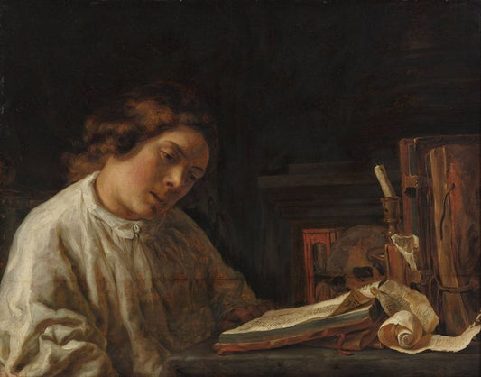 Self-portrait with a Vanitas Still Life, vintage artwork by Samuel van Hoogstraeten, 12x8" (A4) Poster