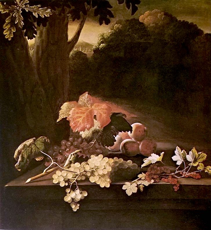 Fruit on a Stone Table in front of a Wooded Hilly Landscape, vintage artwork by Adriaen Coorte, 12x8" (A4) Poster