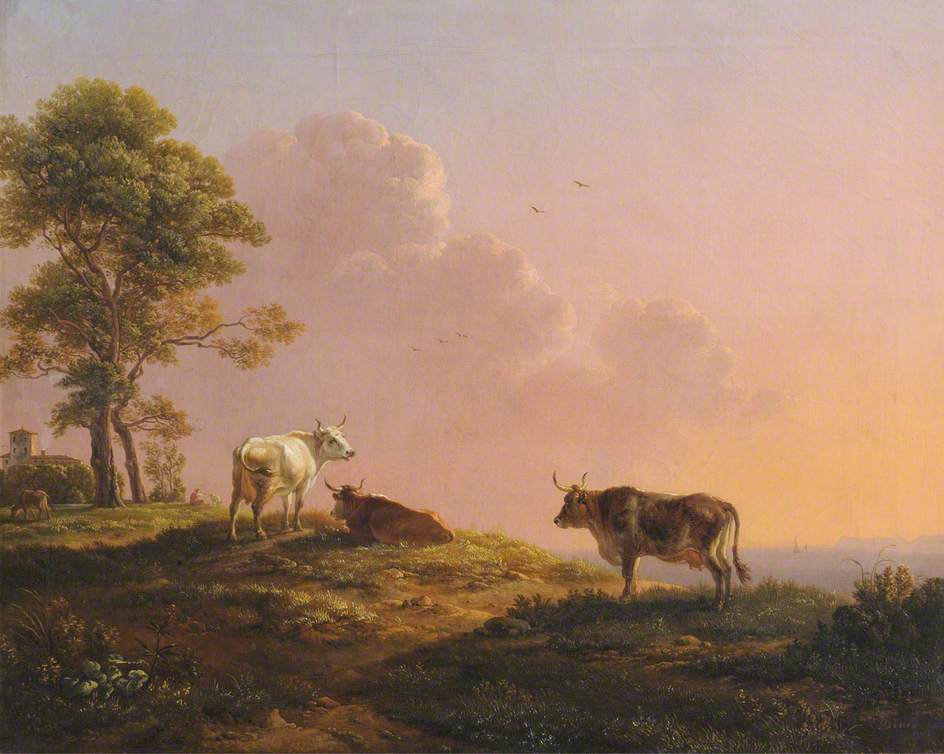 Cows and a Tree on the Crest of a Hill against a Sunset, vintage artwork by Simon Denis, 12x8" (A4) Poster