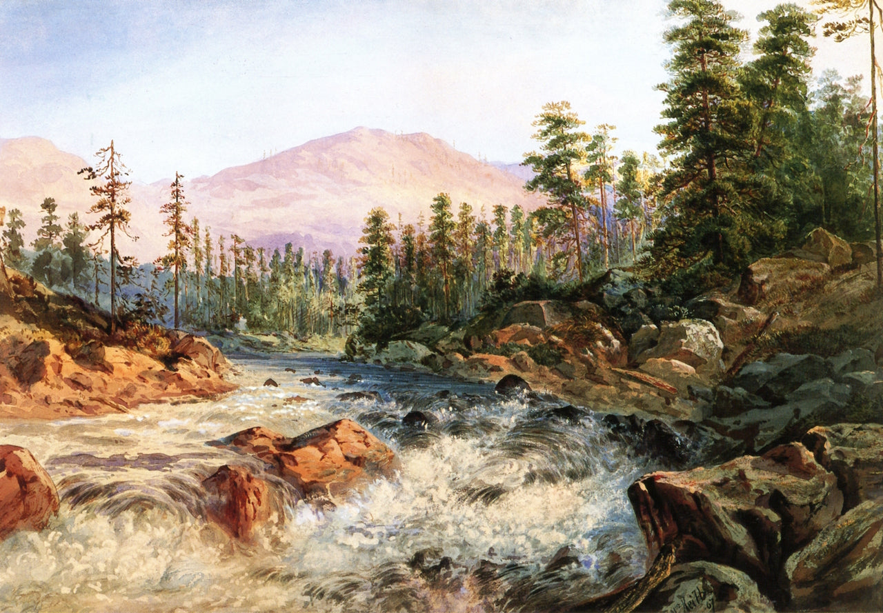 Mountain Cascade near Cisco, California, vintage artwork by William Keith, 12x8" (A4) Poster