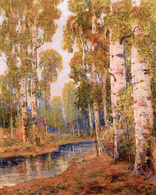 Birches by  a Woodland Stream, vintage artwork by Paul Bernard King, 12x8" (A4) Poster