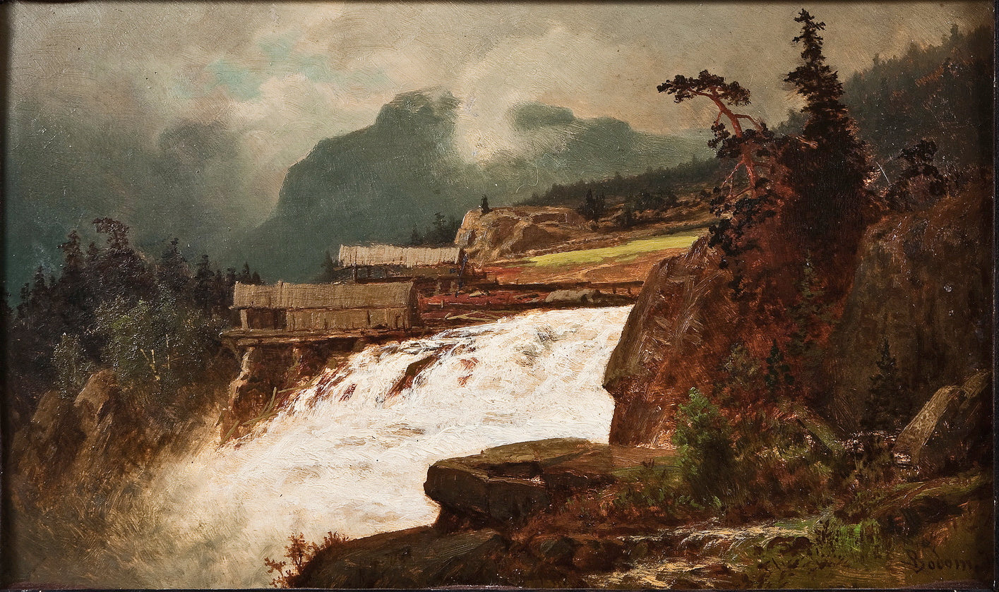 Waterfall with sawmill, vintage artwork by Erik Bodom, 12x8" (A4) Poster