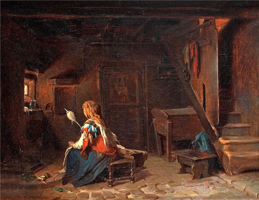 Interior With Italian Woman At The Spinningwheel, vintage artwork by Egron Sillif Lundgren, A3 (16x12") Poster Print