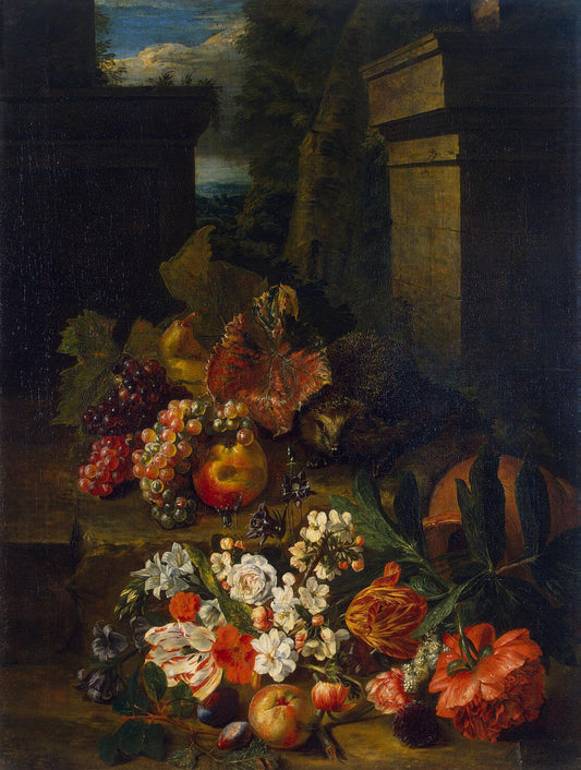 Flowers, Fruit and a Hedgehog, vintage artwork by Peeter Snyers, 12x8" (A4) Poster